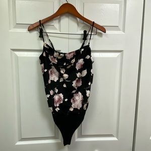 Stunn’d velvet tank bodysuit black w pink flowers